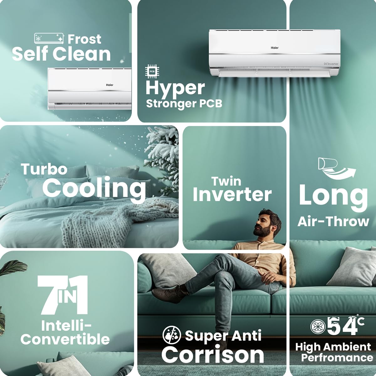 Haier 1 Ton 3 Star Twin Inverter Split AC (Copper, 7 in 1 Convertible, Frost Self Clean, HD Filter, Cools at 54°C - Image 12